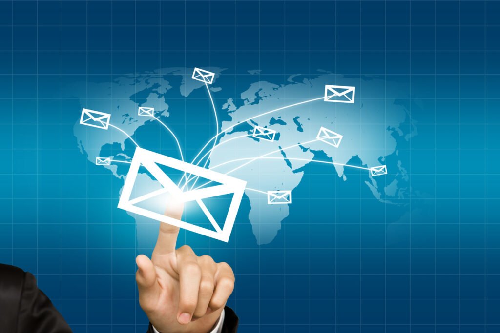 Fameblogs email contact network visualized with flying envelope icons across a digital world map.