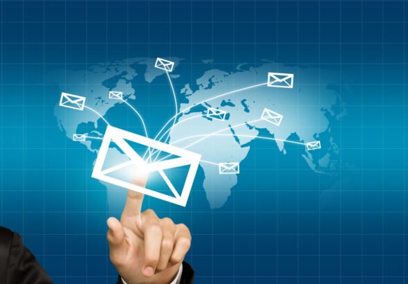 Fameblogs email contact network visualized with flying envelope icons across a digital world map.