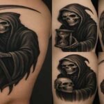 Grim Reaper tattoo ideas featuring bold black ink designs with detailed scythe and cloak elements.