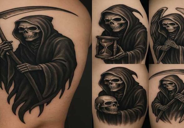 Grim Reaper tattoo ideas featuring bold black ink designs with detailed scythe and cloak elements.