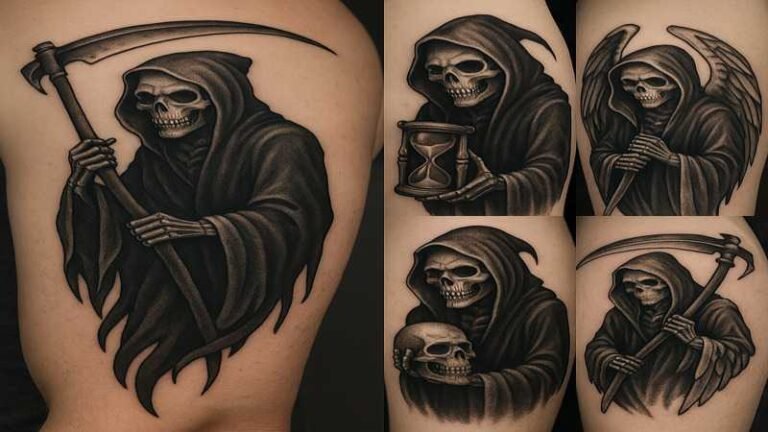 Grim Reaper tattoo ideas featuring bold black ink designs with detailed scythe and cloak elements.
