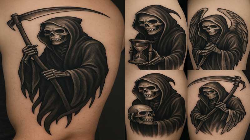 Grim Reaper tattoo ideas featuring bold black ink designs with detailed scythe and cloak elements.