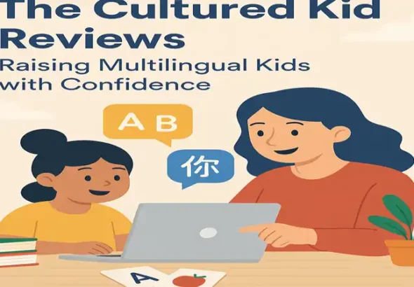 Mother and daughter using a laptop for language lessons – The Cultured Kid reviews.