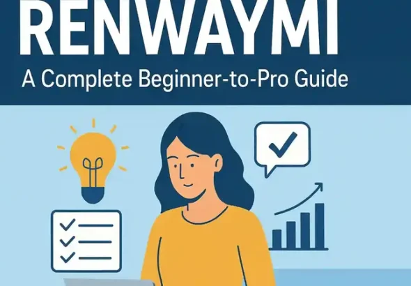 Renwaymi beginner-to-pro guide illustration showing a woman working on a laptop with productivity icons