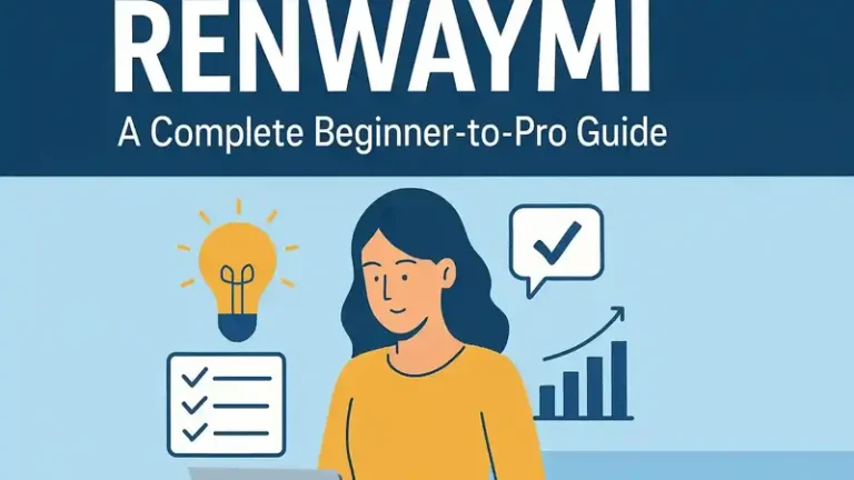 Renwaymi beginner-to-pro guide illustration showing a woman working on a laptop with productivity icons